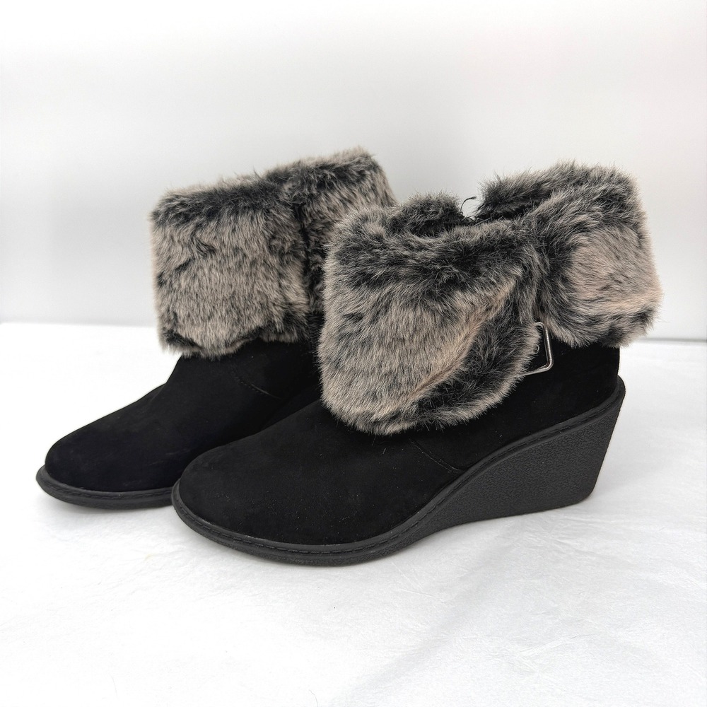 ANA A New Approach Wedge Ankle Boots Faux Fur Trim Buckle Winter Warm Size 9